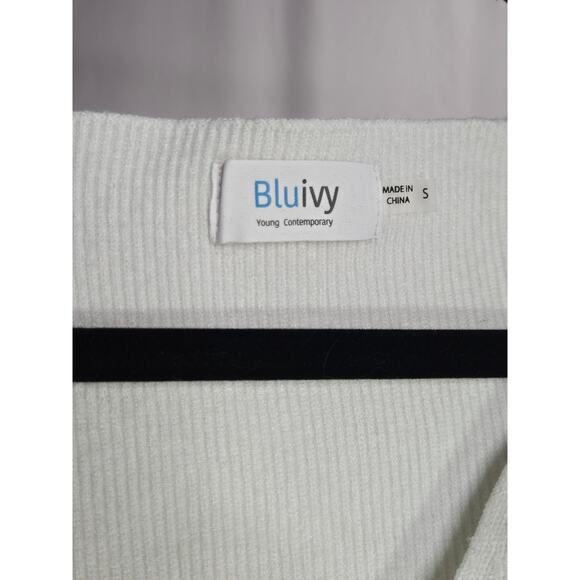 Puff Sleeve Gold Detail White Low Cut Contemporary Cozy Casual Sweater Top | S - Picture 3 of 9